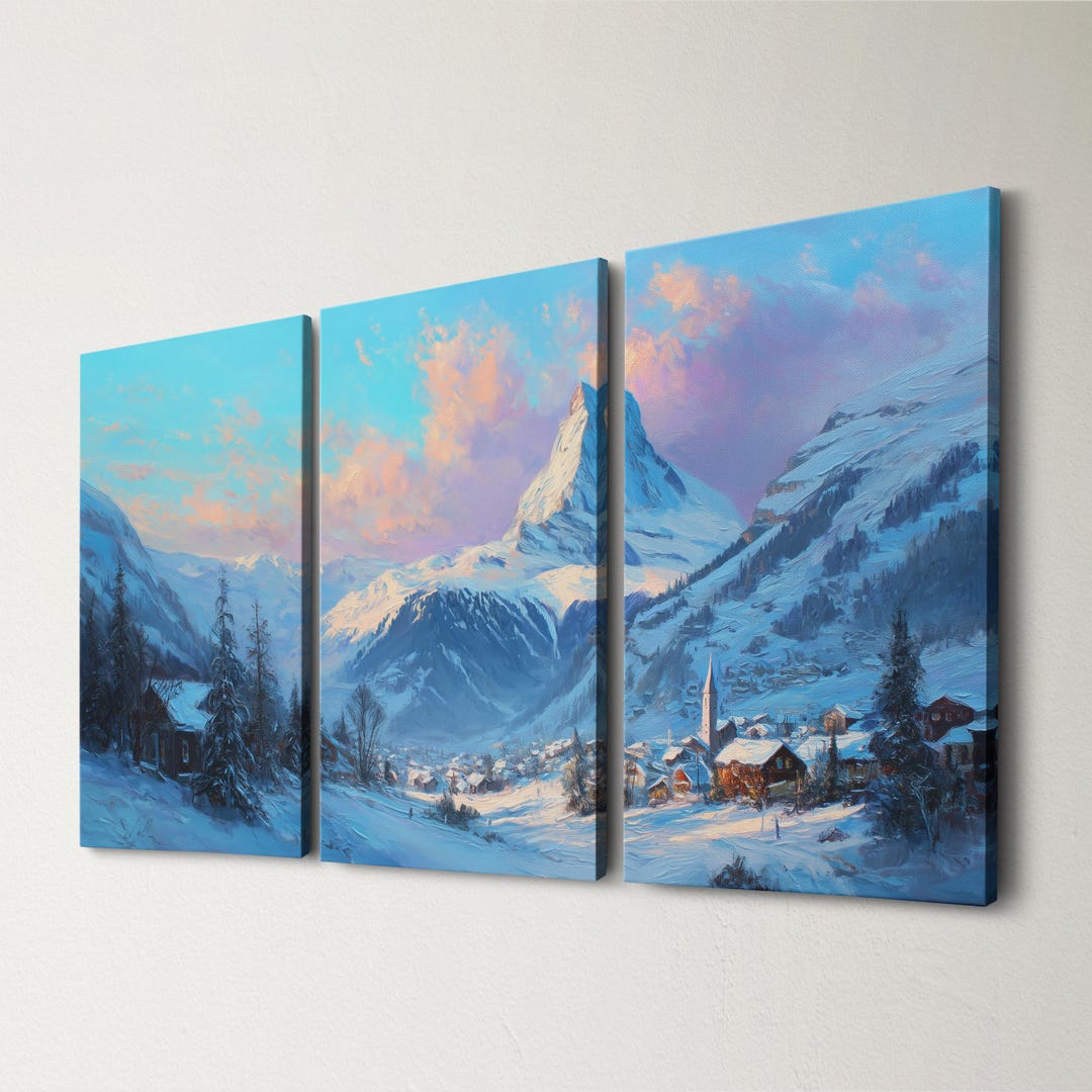 Zermatt Matterhorn 3 Panel Split Canvas Wall Art Swiss Alps Winter