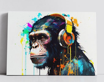 Chimp With Headphones DJ Abstract Oil Animal Painting Splatter