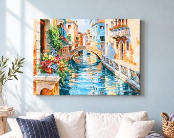 Venice Canal Canvas Wall Art, Colourful Italian Bridge Painting, Blue Water and Flowers, Coastal Living Room Decor, Gift for Italy Lovers