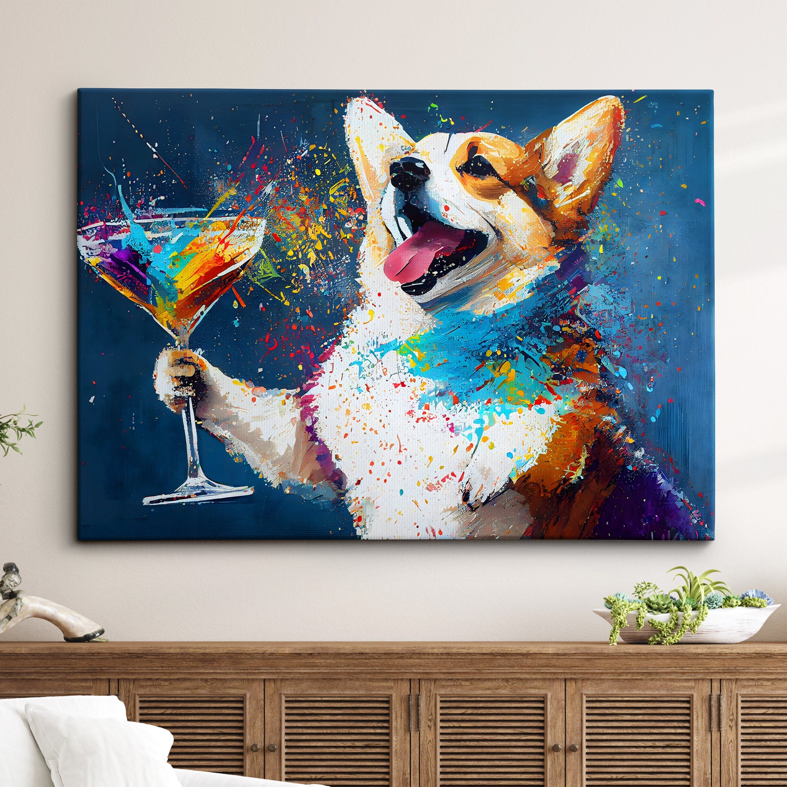 Corgi Toasting Drink Dog Pet Abstract Modern Painting Wall Art