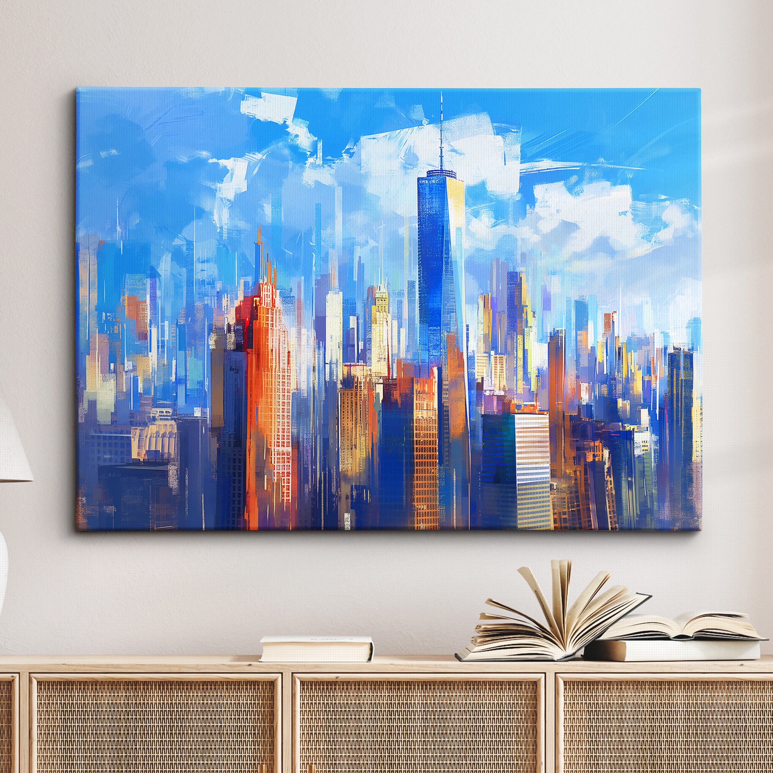 夕日様せんよう28 New York City Skyline Sunset America Landmark Oil Painting Style