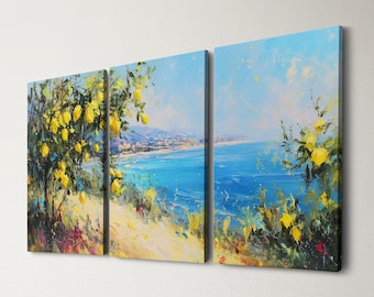 Sicily Lemon Tree Coastal 3 Panel Split Canvas Wall Art  Italian Landscape Abstract Oil Painting Framed Canvas Mediterranean Home Decor Gift
