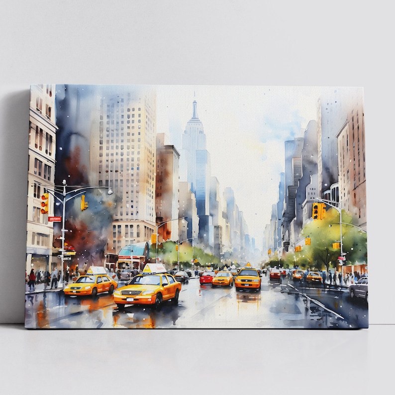 New York City Street Yellow Cab Landmark Oil Painting Watercolor Wall ...