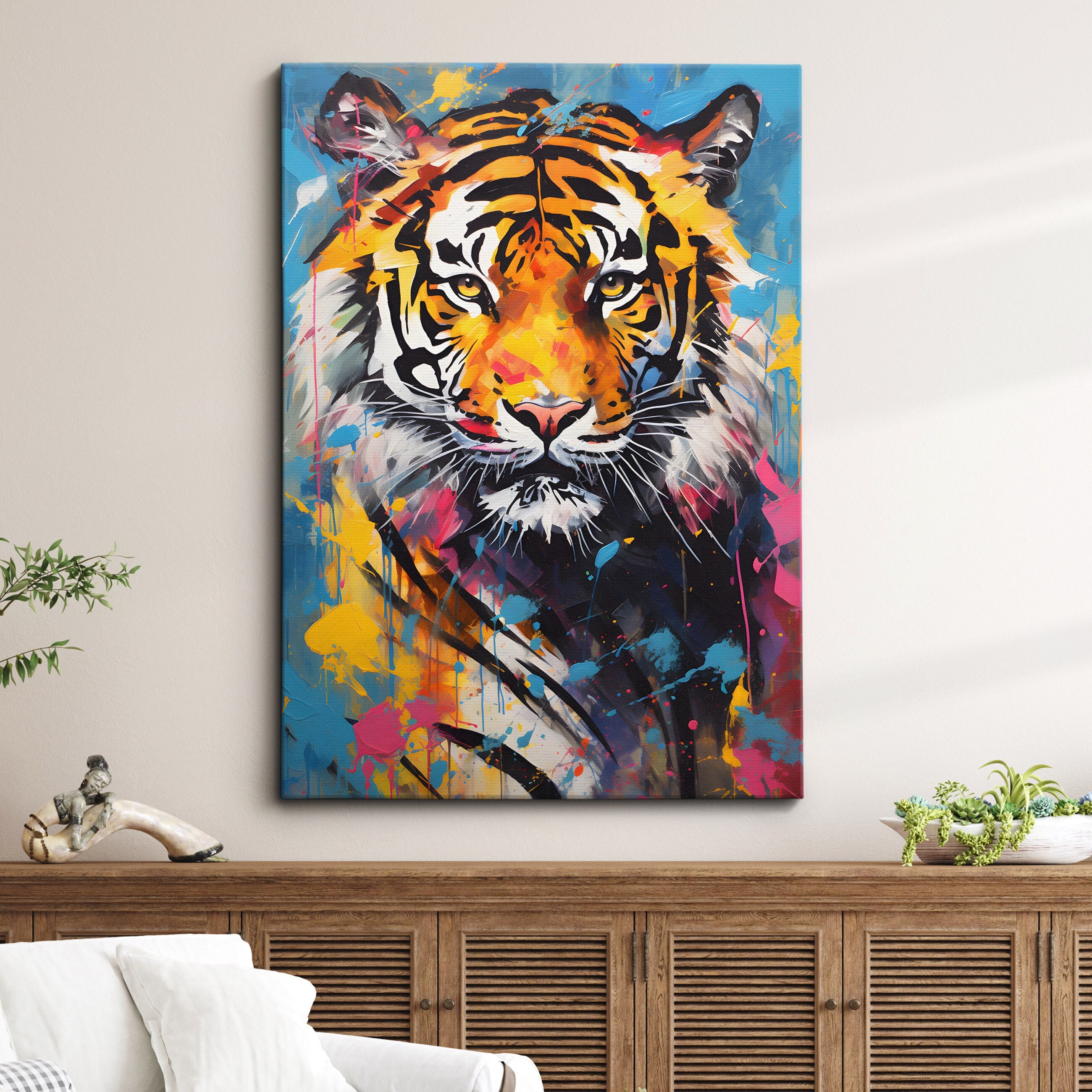 Colorful Tiger Animal Abstract Oil Painting Splatter Style Wall