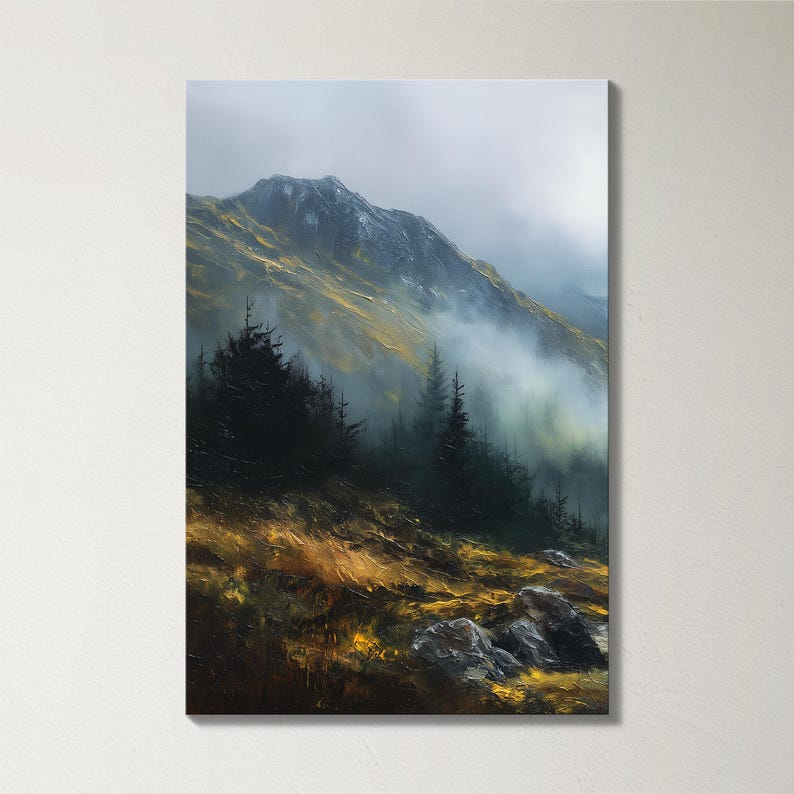 May include: A landscape painting of a mountain with a snow-capped peak, illuminated by soft light. The foreground shows a forest of dark green trees and golden grass. Wisps of fog drift across the scene, creating a serene and atmospheric view.