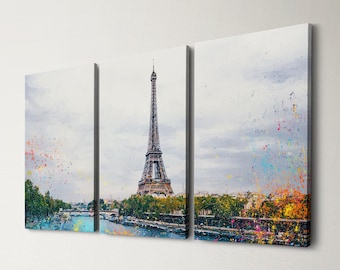 Eiffel Tower Paris 3 Panel Split Canvas Wall Art  France Landmark Abstract Oil Painting Triptych Framed Canvas Home Decor Paris Travel Gift