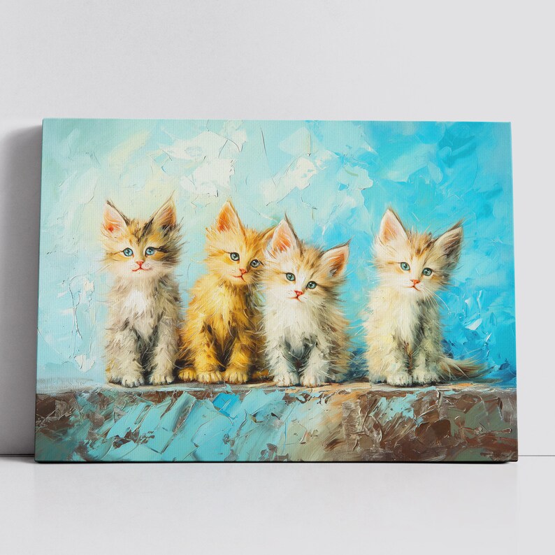 Cats Sat on a Wall Pet Abstract Modern Painting Wall Art, Framed Canvas