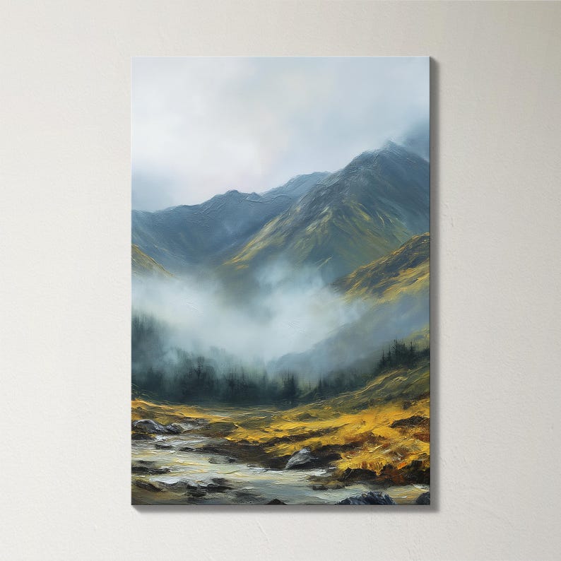 May include: An oil painting of a mountain landscape. The artwork depicts a range of blue-green mountains partially obscured by mist. The foreground features a stream and golden-yellow vegetation, creating a serene and natural scene.