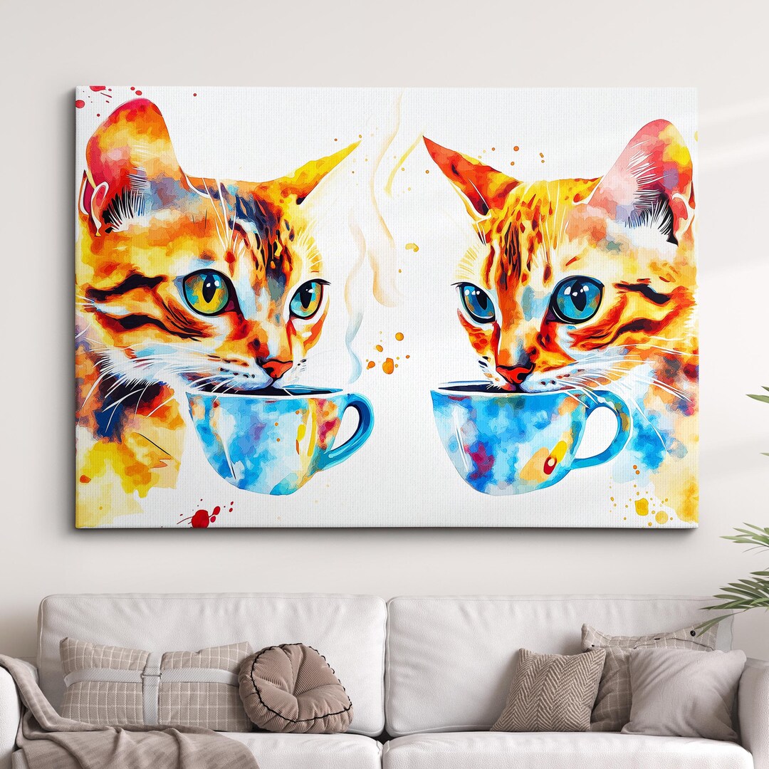Cat Drinking Coffee Pet Abstract Modern Painting Wall Art, Framed