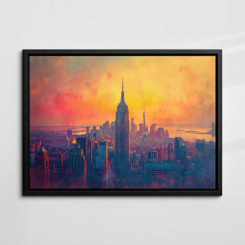 New York City Skyline Sunset America Landmark Oil Painting Style Wall ...