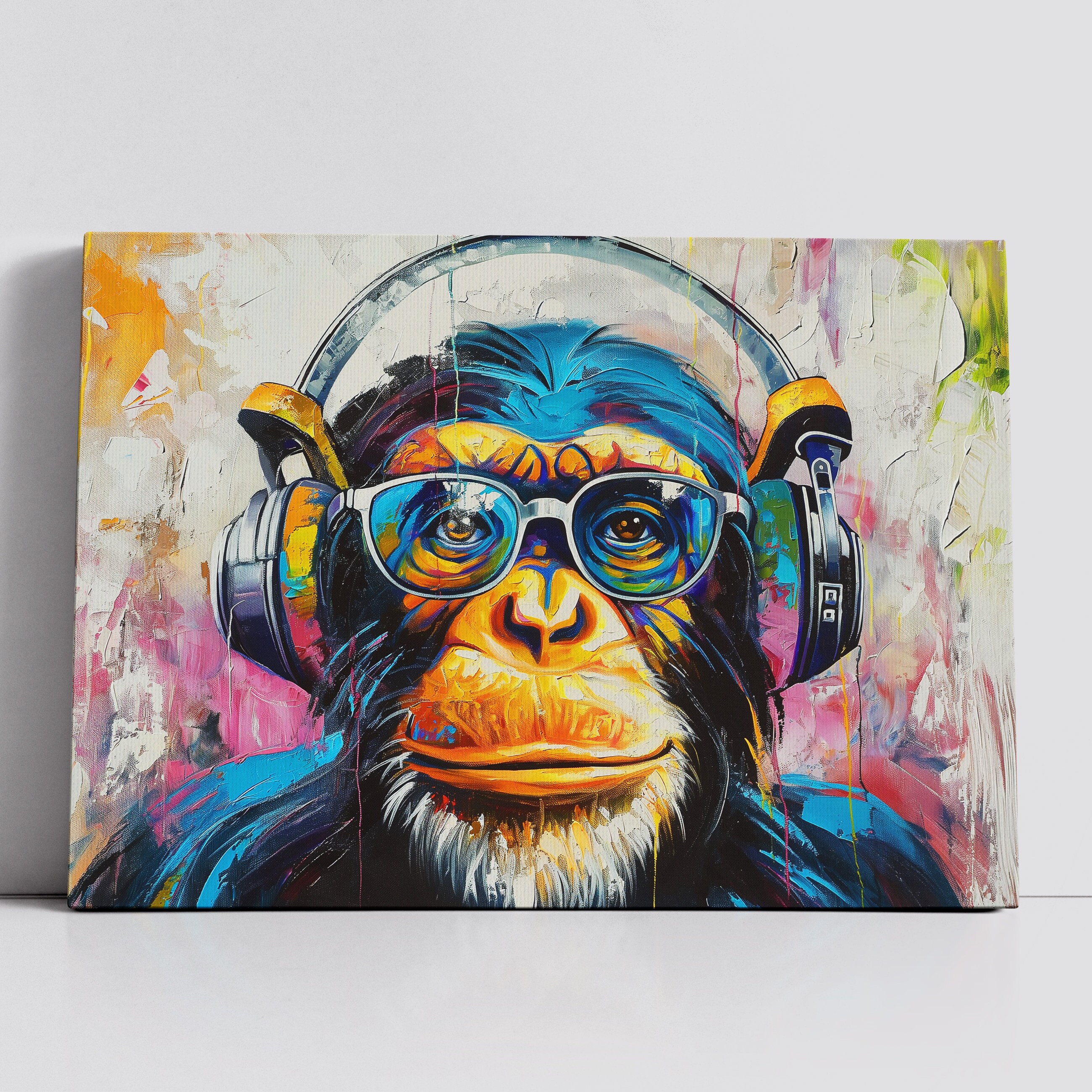 Monkey DJ Headphones Abstract Modern Painting Wall Art, Framed