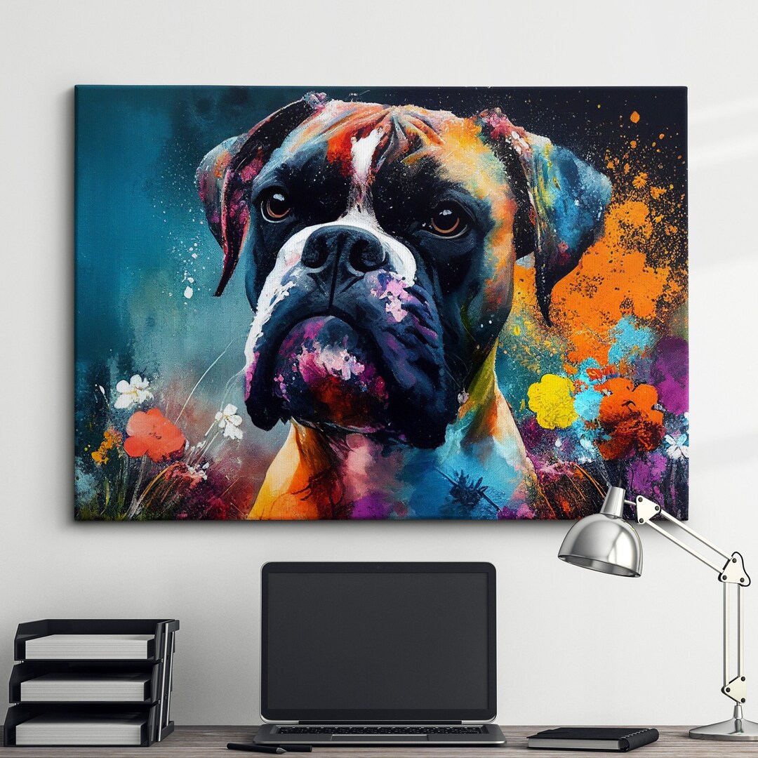 Boxer With Flowers Dog Pet Abstract Modern Oil Painting Wall Art ...