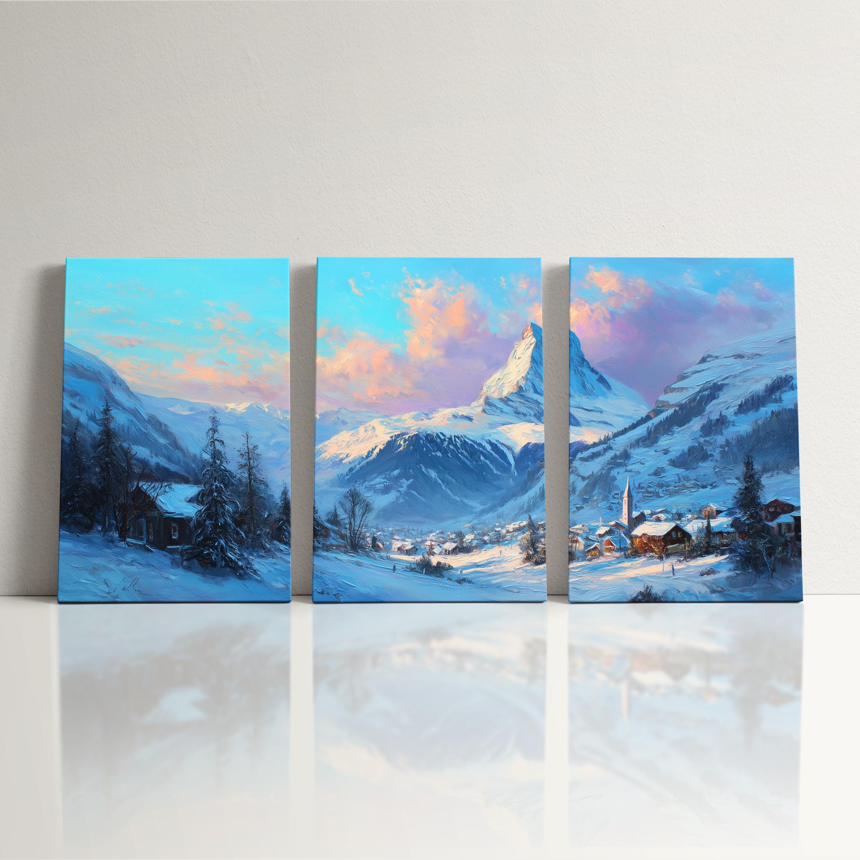 Zermatt Matterhorn 3 Panel Split Canvas Wall Art Swiss Alps Winter