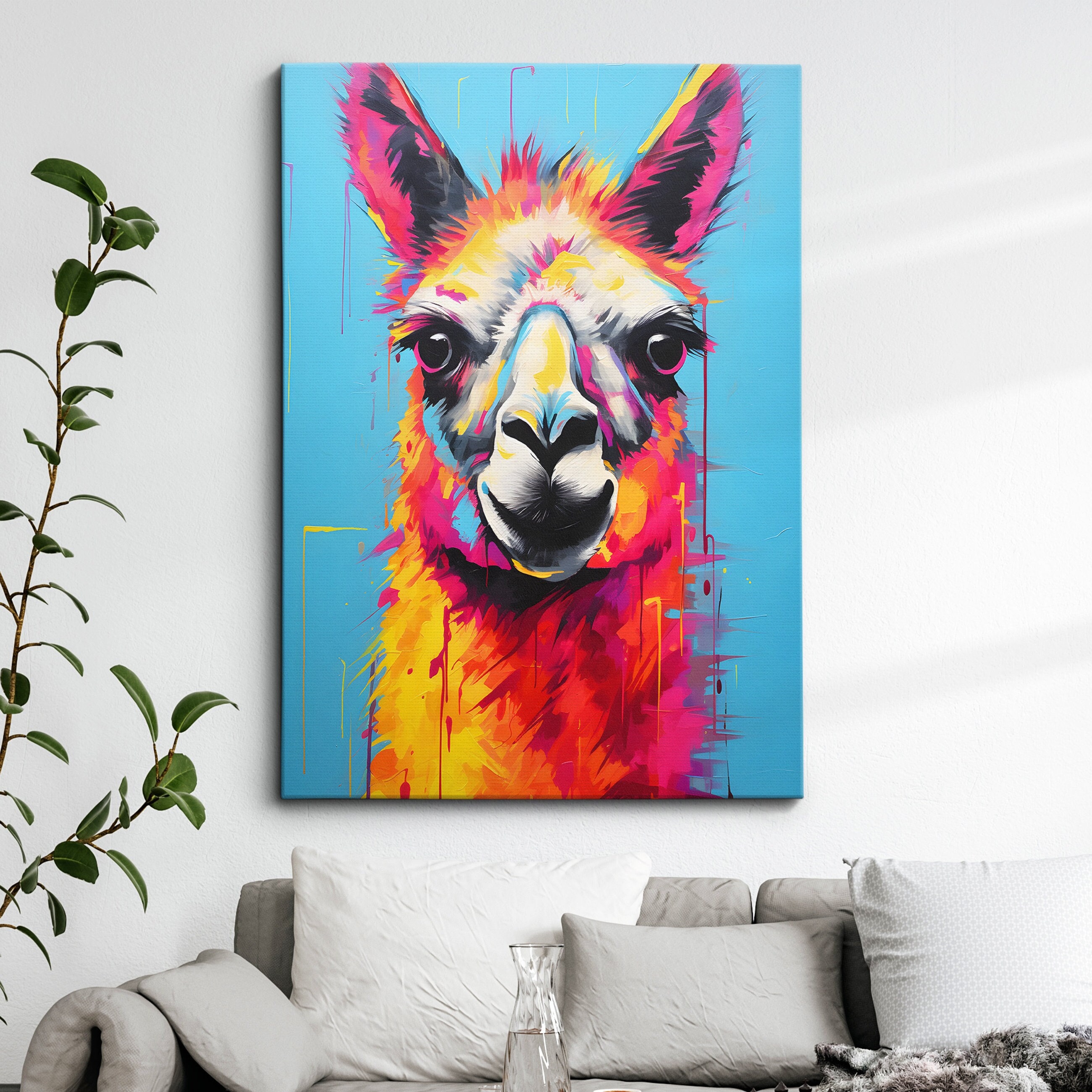 Colorful Fun Llama Animal Abstract Oil Painting Splatter Style
