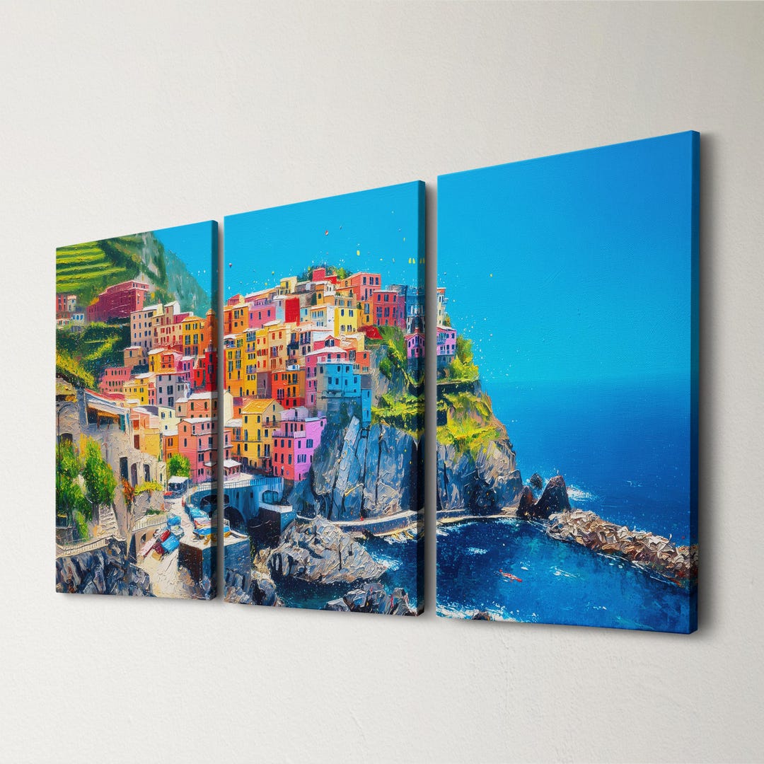 Cinque Terre Coastal Village 3 Panel Split Canvas Wall Art Italy ...