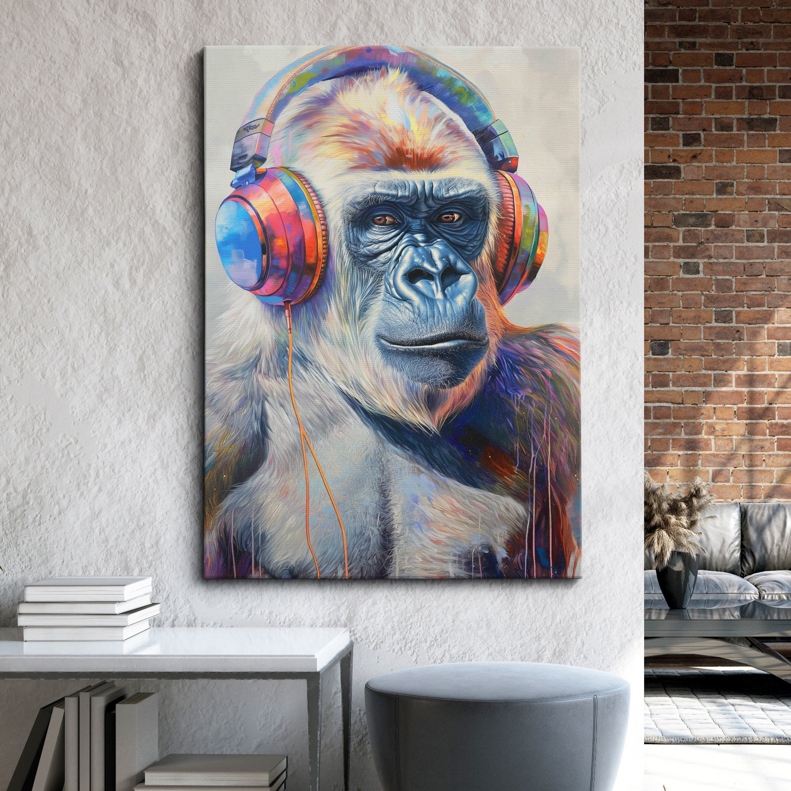 Gorilla With Headphones Painting Splatter Wall Art, Framed Canvas