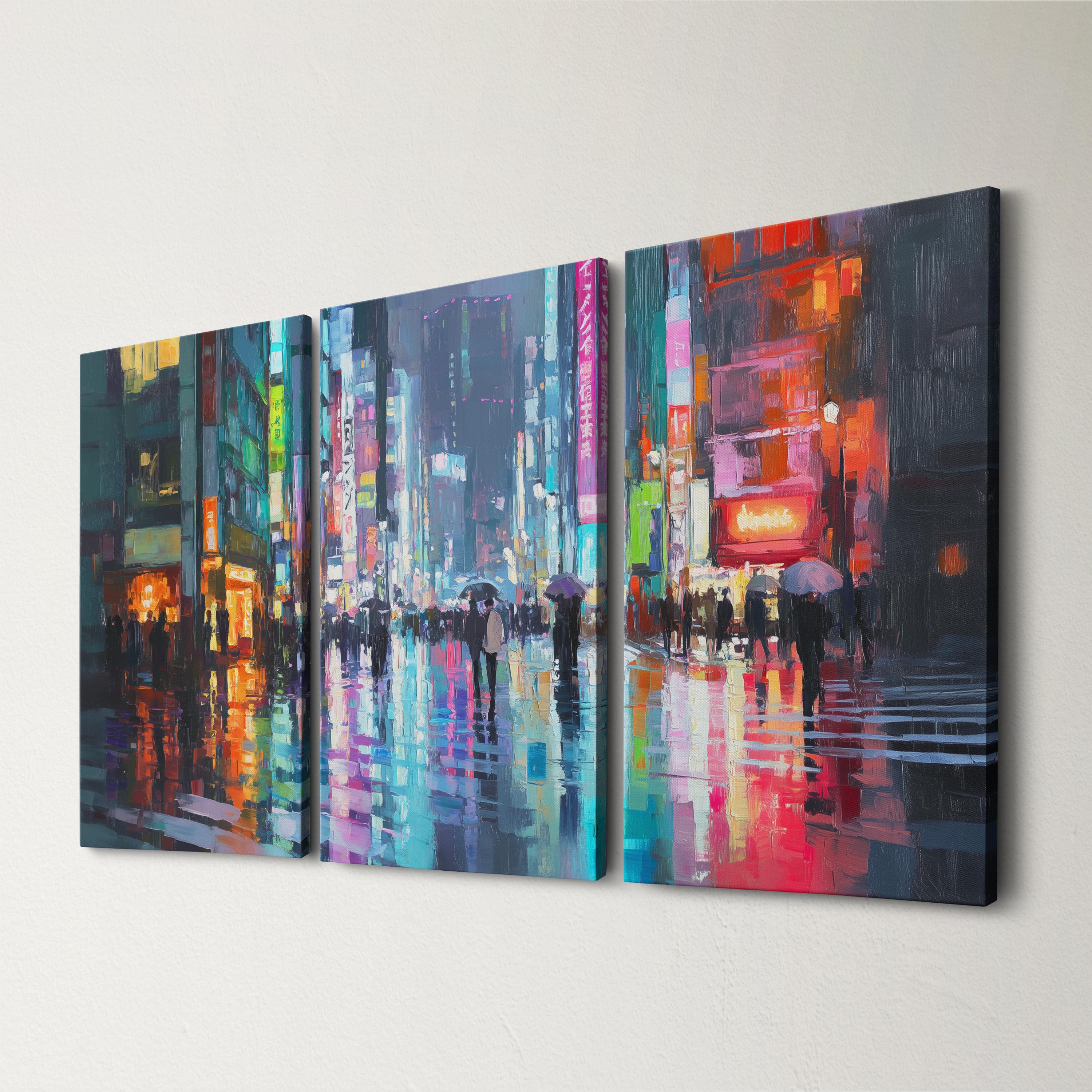Tokyo Street Scene 3 Panel Split Canvas Wall Art Neon Signs in