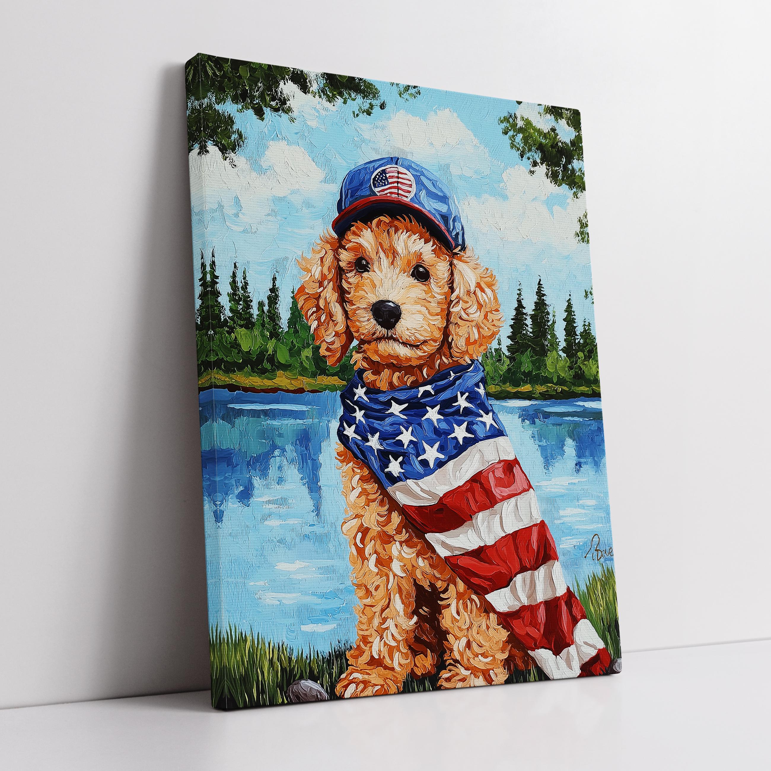 Patriotic Poodle Puppy USA Flag Dog Pet Oil Painting Abstract Wall