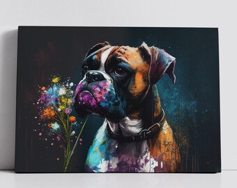 Boxer With Flowers Dog Pet Abstract Modern Oil Painting Wall Art