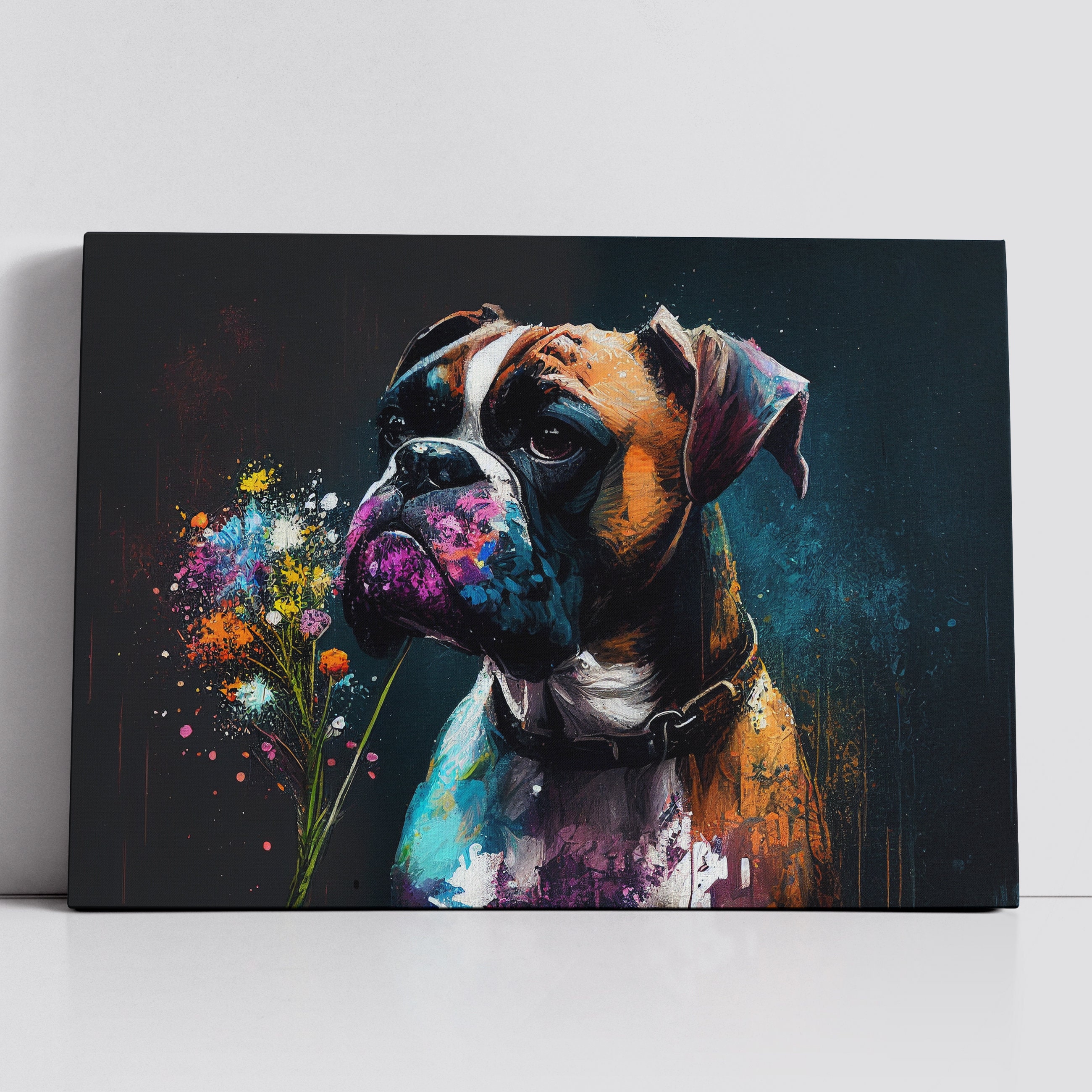 Boxer With Flowers Dog Pet Abstract Modern Oil Painting Wall Art