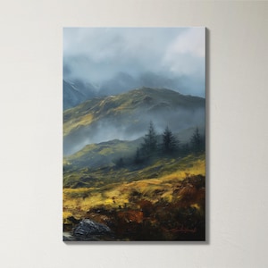 May include: A landscape painting of a mountainous scene with a misty atmosphere. The foreground shows golden-yellow grassy areas and dark brown patches. Evergreen trees are on the hills. The sky is a mix of blue and grey, with a signature in the bottom right corner.