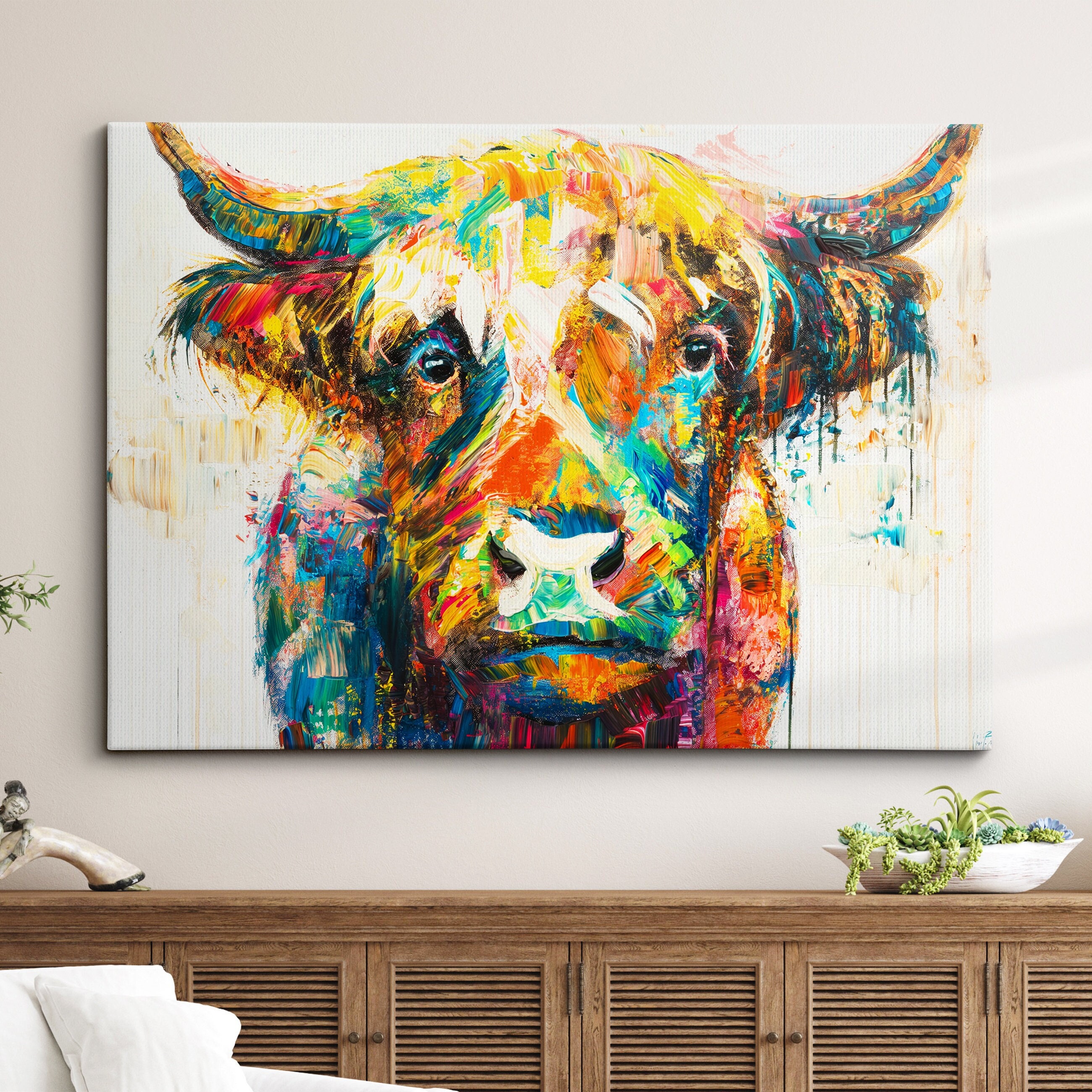 Highland Cow Animal Abstract Oil Painting Colourful Paint Splatter