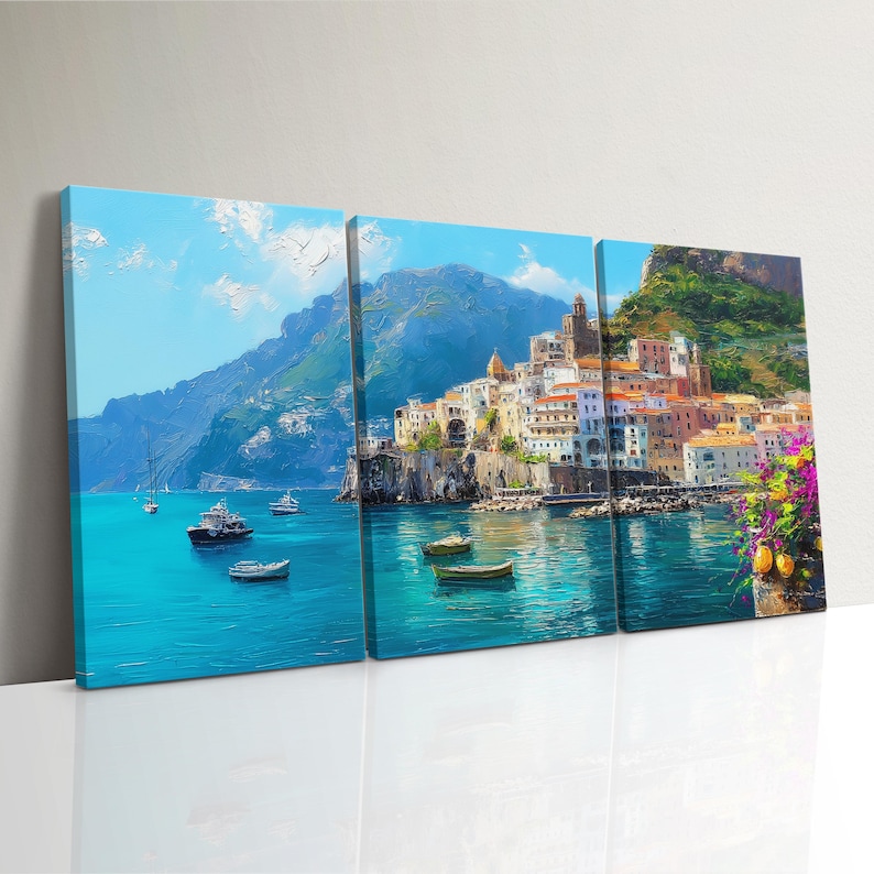 Amalfi Coast Italy 3 Panel Split Canvas Wall Art Coastal Seaside Cliffs ...