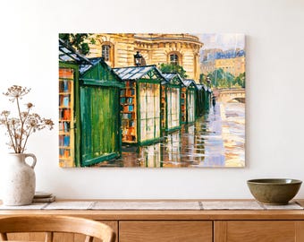 Paris Bookstalls Canvas Wall Art, Rainy Seine Street Scene Print, Green and Gold French Cityscape Decor for Living Room or Paris Lover Gift