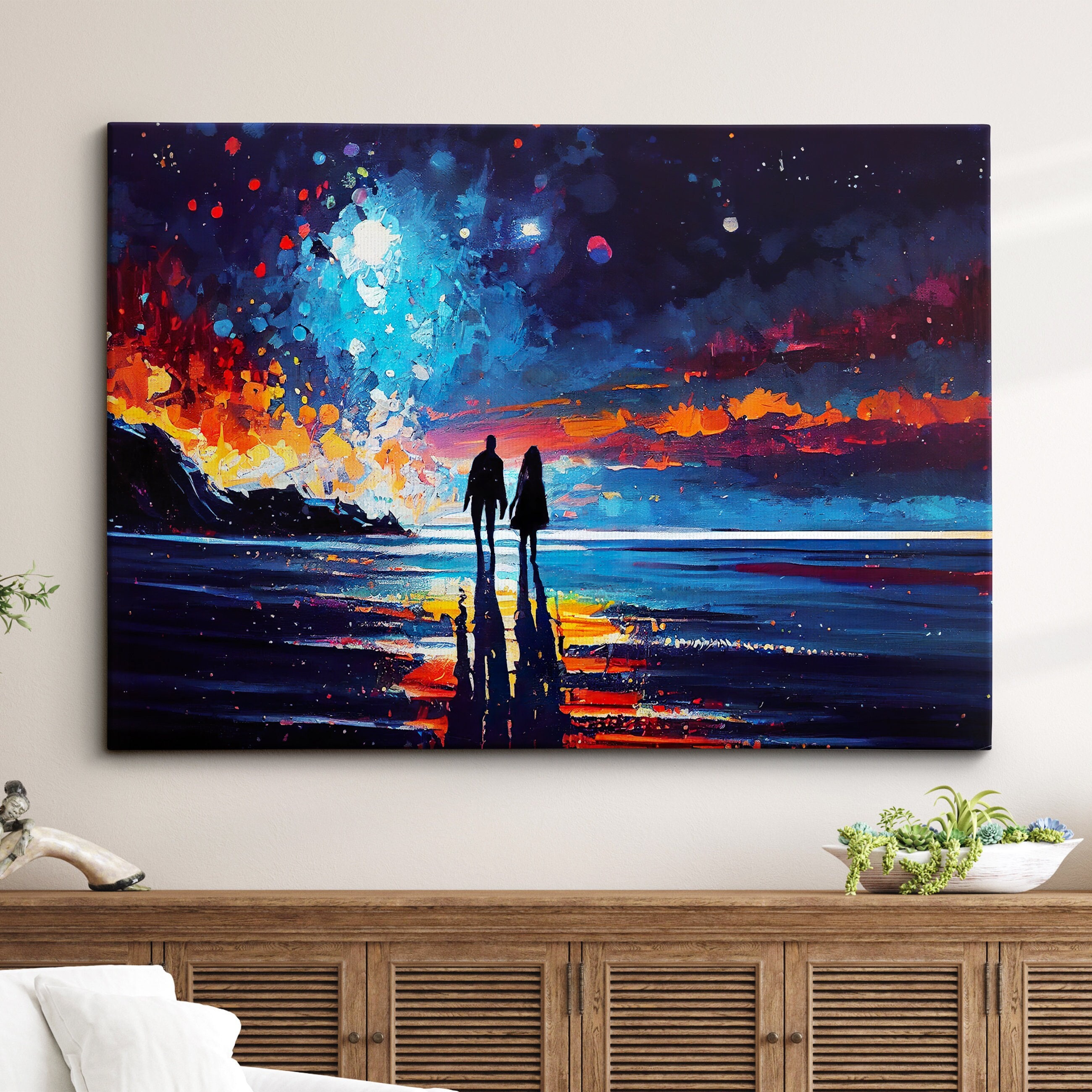 Couple Walking Beach Starry Night Abstract Oil Painting Style Wall