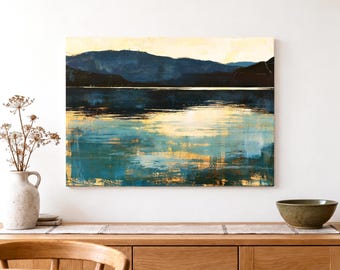 Mountain Lake Canvas Wall Art, Abstract Blue and Teal Landscape Print, Modern Living Room Decor, Peaceful Waterscape Gift for Nature Lovers