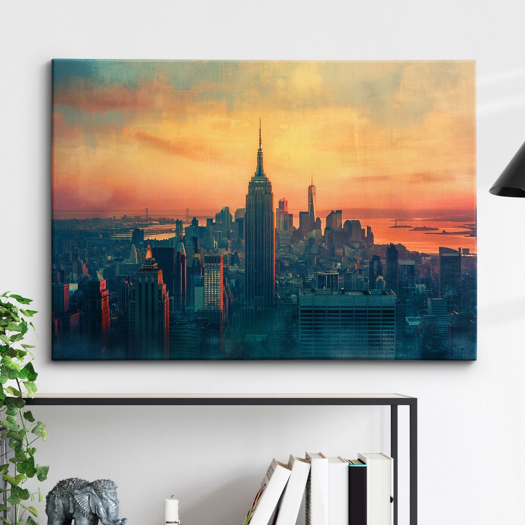 New York City Skyline Sunset America Landmark Oil Painting Style Wall ...