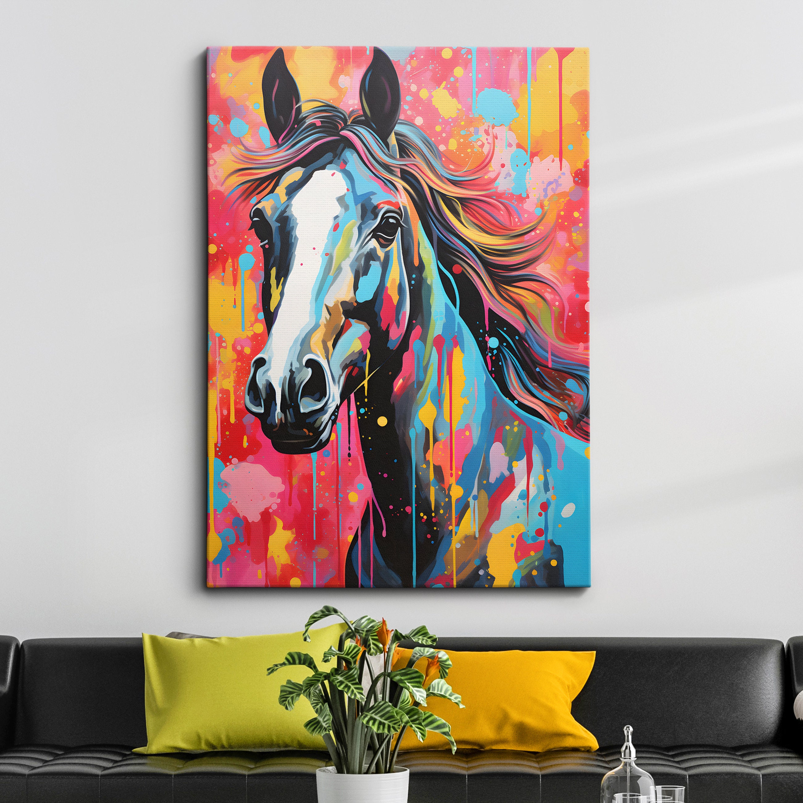 Colorful Horse Animal Abstract Oil Painting Splatter Style Wall