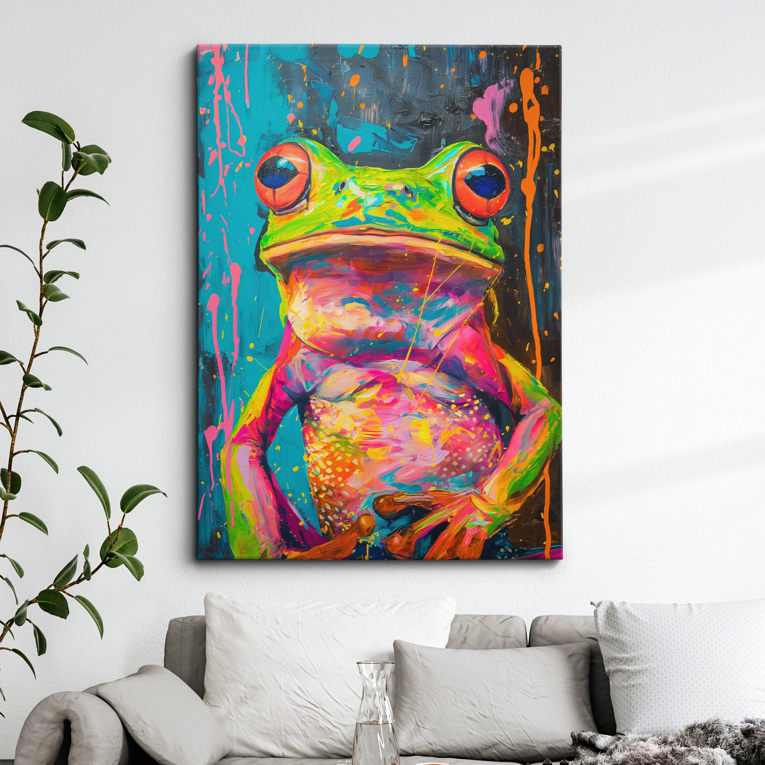 Colorful Frog Abstract Oil Painting Pop Art Style Wall Art Framed