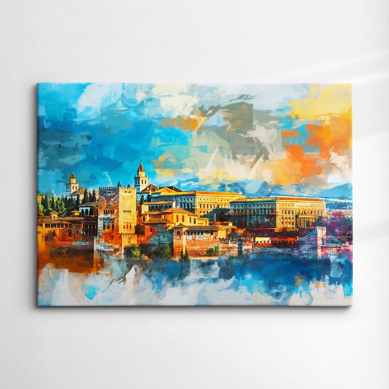 Spanish Skyline Abstract Cityscape Pastel Oil Painting Wall Art, Framed