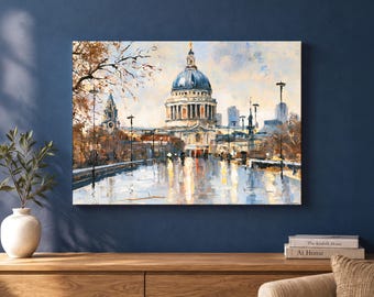 St Paul's Cathedral London Canvas Wall Art, Rainy Cityscape Painting in Blue and Gold, Landscape Print for Living Room, London Lover Gift
