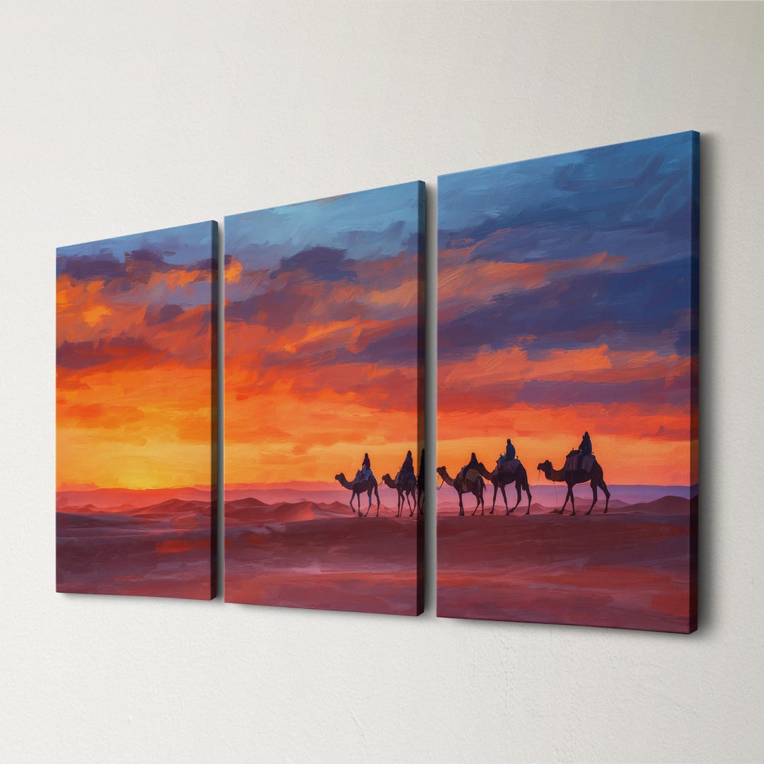 Moroccan Desert Sunset Camel 3 Panel Split Canvas Wall Art Sahara