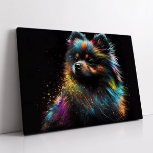 May include: A colorful abstract painting of a fluffy dog with a black background. The dog's fur is painted in shades of blue, green, yellow, orange, and purple.