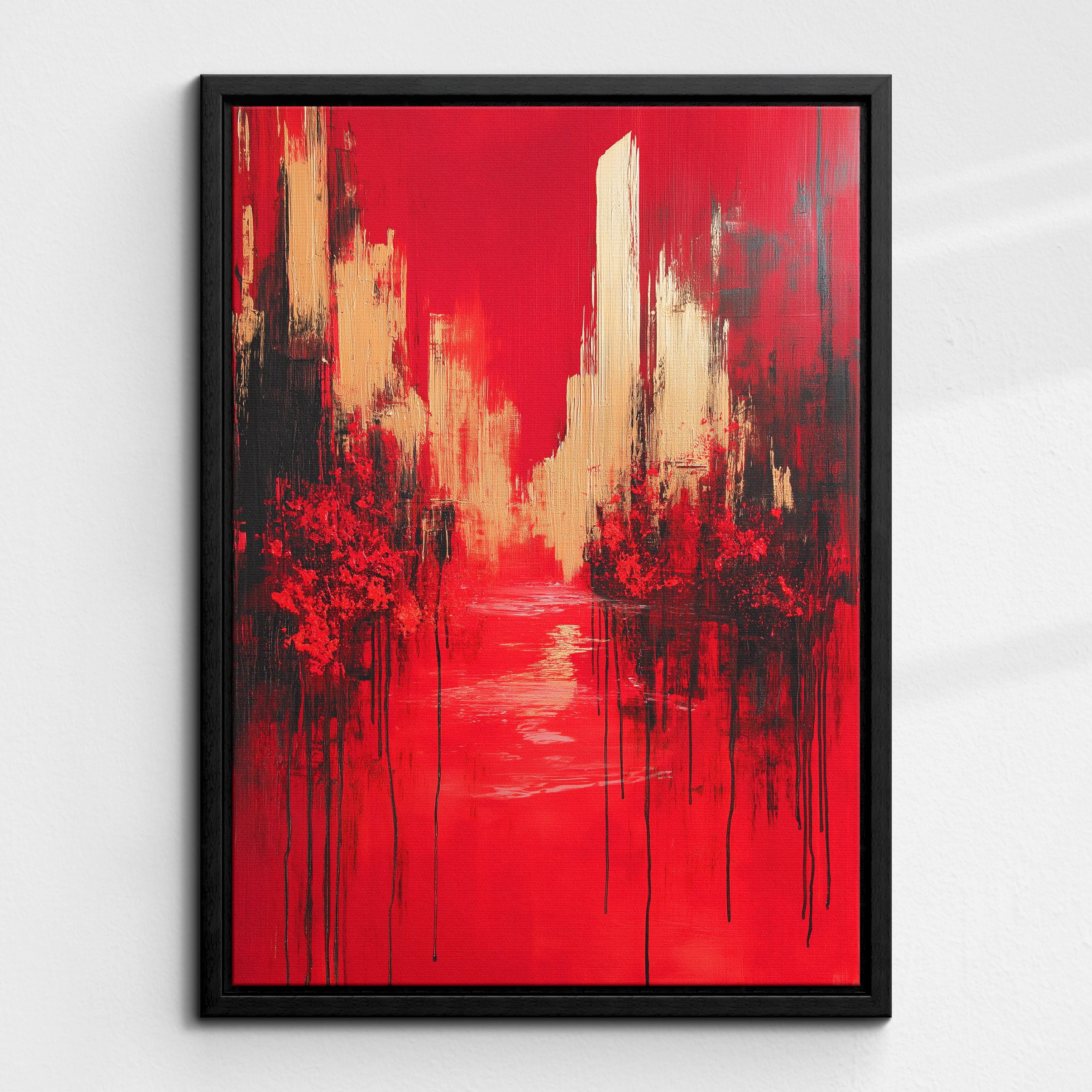 Modern Abstract Red & Gold Cityscape Geometric Oil Painting Wall Art ...