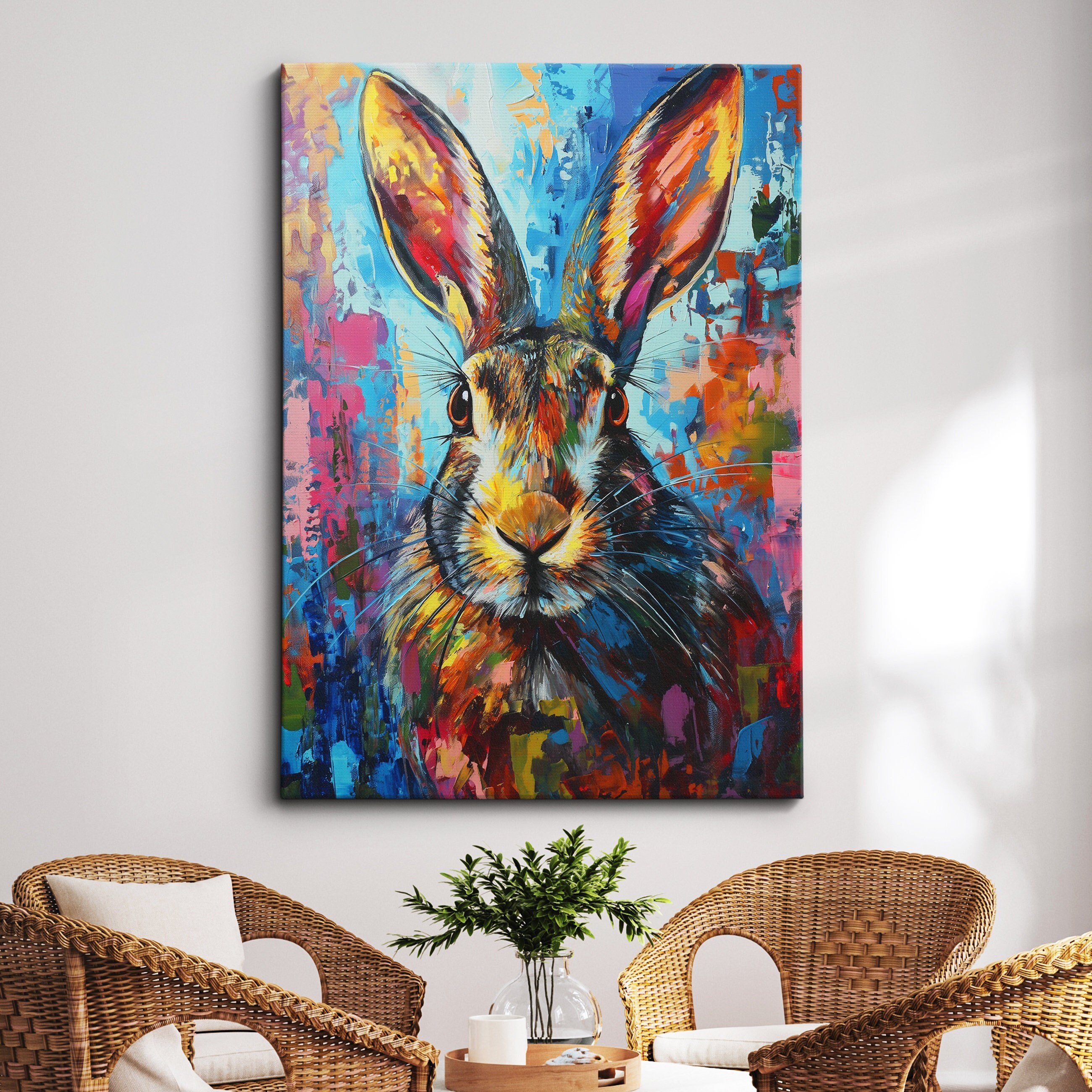 Colorful Rabbit Animal Abstract Oil Painting Splatter Style Wall