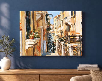 Venice Canal Canvas Wall Art, Impressionist Italian Cityscape in Warm Ochre and Blue, Bridge Scene for Living Room, Italy Travel Lover Gift