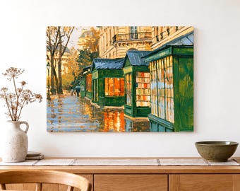 Paris Bookshop Canvas Wall Art, Rainy Street Impressionist Painting, Green and Gold Cityscape for Living Room, French Travel Lover Gift