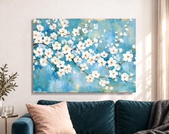 White Blossom Canvas Wall Art, Blue Floral Painting Print, Spring Branches Landscape Canvas for Living Room, Bedroom or Housewarming Gift