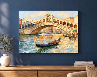 Rialto Bridge Venice Canvas Wall Art, Impressionist Grand Canal Gondola Painting in Blue and Gold, Italian Living Room Decor, Travel Gift
