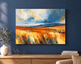 Contemporary Moorland Landscape Canvas Wall Art, Blue and Orange Meadow Painting, Country Living Room Decor, Nature Lover Housewarming Gift