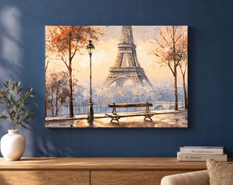 Eiffel Tower Canvas Wall Art, Impressionist Paris Autumn Painting in Blue and Gold, Romantic French Landscape for Living Room, Paris Gift