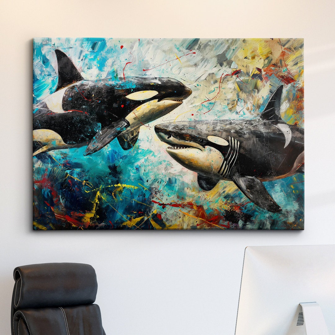 Shark Vs Orca Sea Animal Abstract Oil Painting Colourful Paint Splatter ...