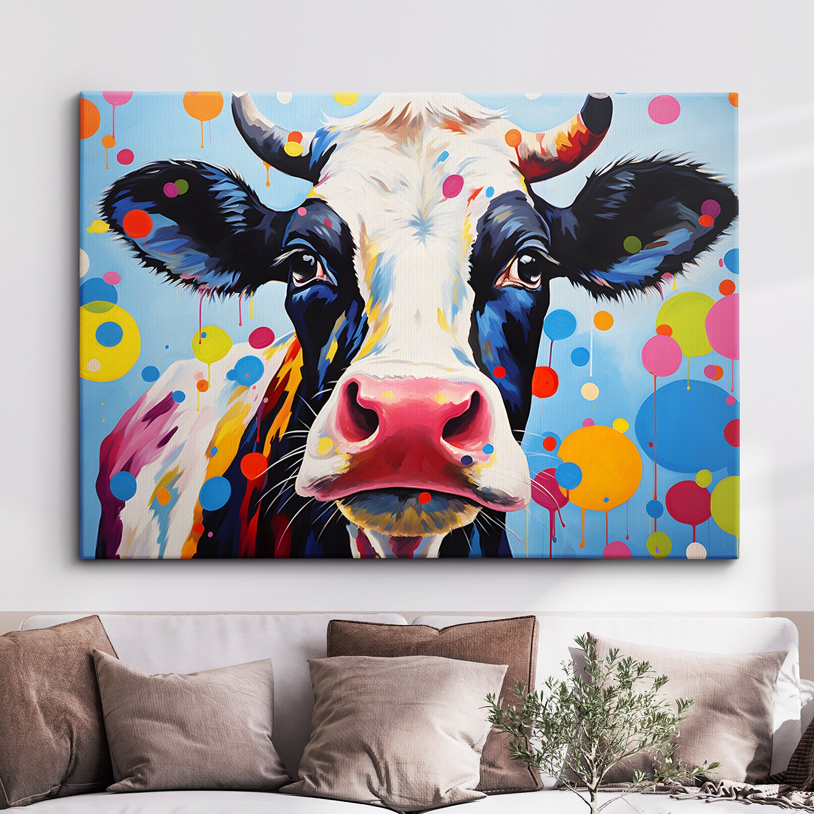 キャンバス 油絵　専用　カラフルCOWS  　1 Colorful Cow Wild Animal Abstract Oil Painting Paint Splatter