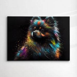 May include: A colorful abstract painting of a fluffy dog with a black background. The dog's fur is painted in shades of blue, green, yellow, orange, and purple.