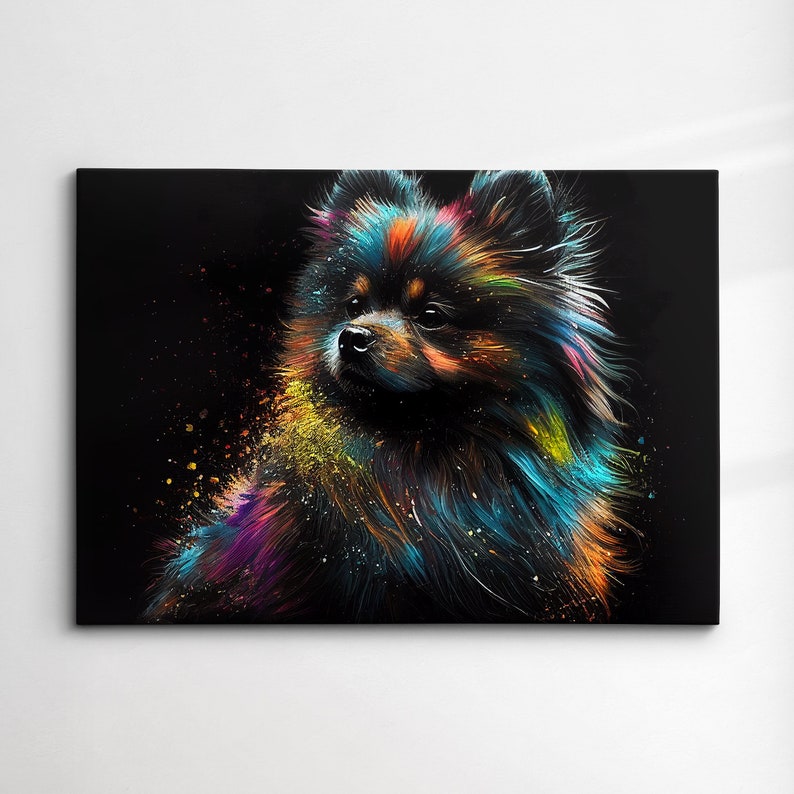 May include: A colorful abstract painting of a fluffy dog with a black background. The dog's fur is painted in shades of blue, green, yellow, orange, and purple.