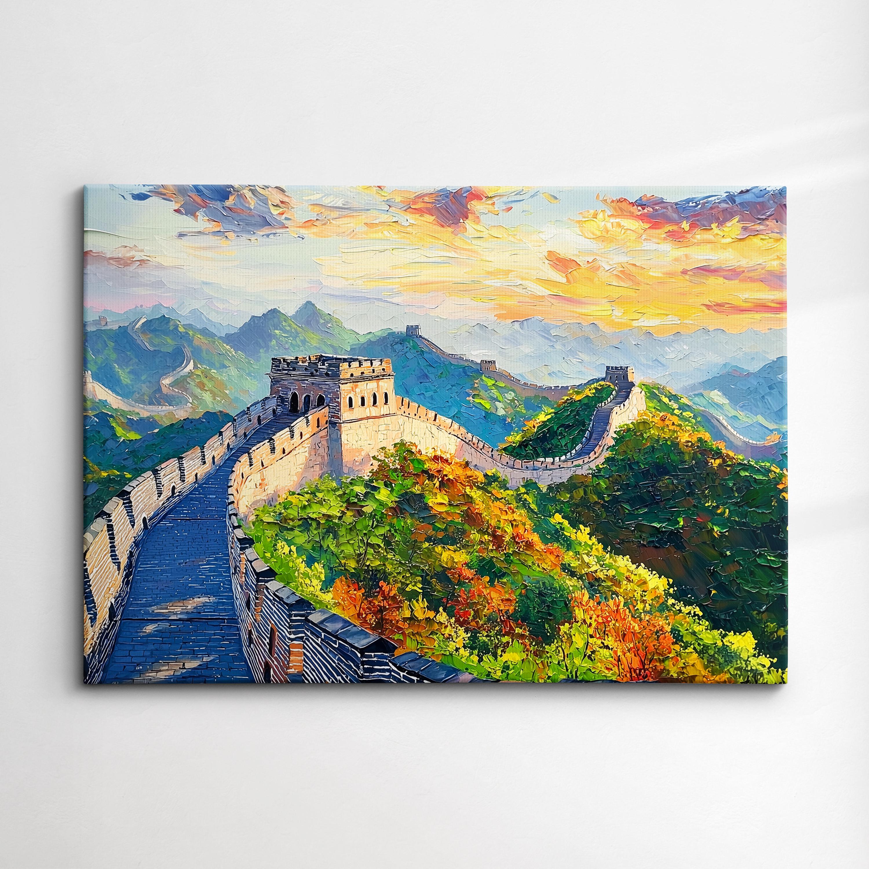 Great Wall of China Tourist Landmark Landscape Oil Painting Style